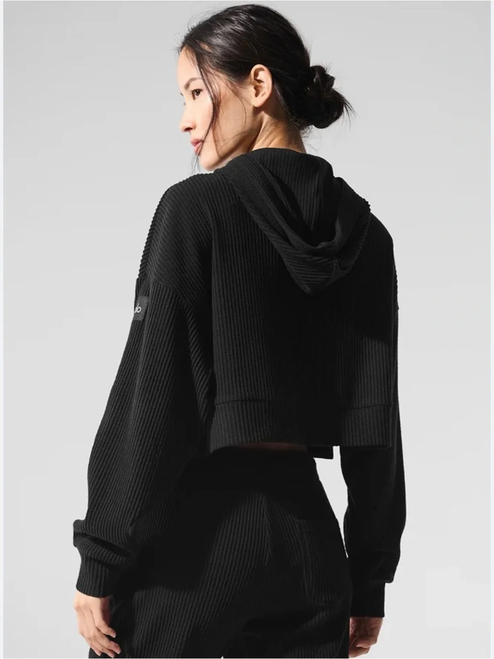 ALO Yoga Black Cropped Ribbed Hoodie Top
